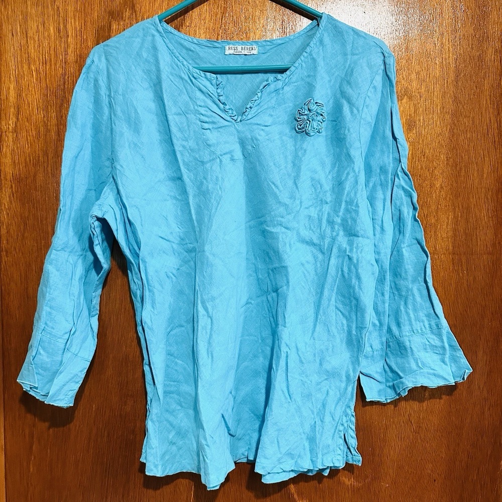 Russ Berens 100% Linen Blue Long Sleeve Size Medium Lagenlook Malibu USA‎
